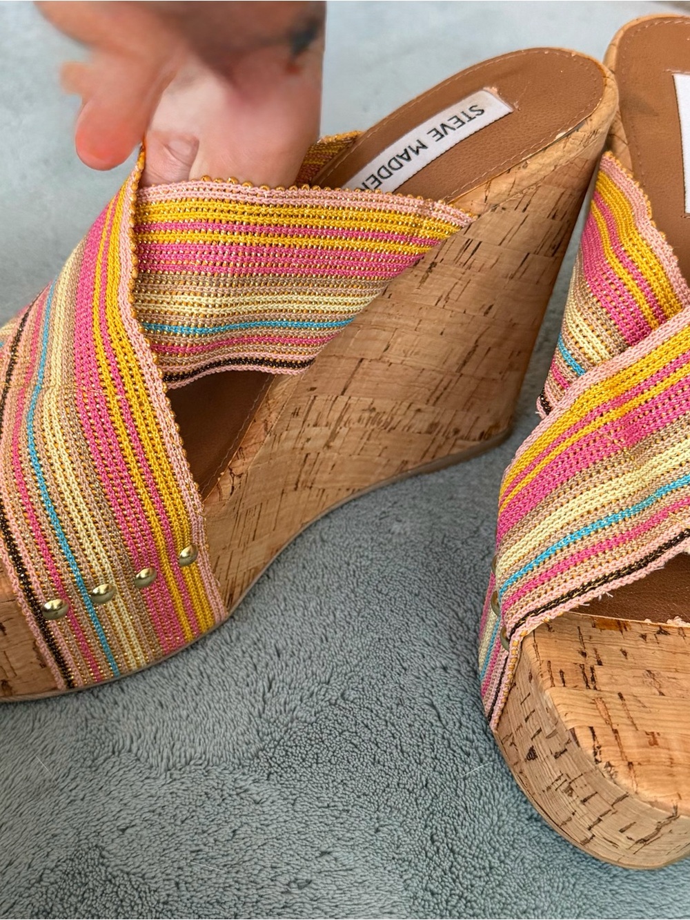 Brand New Steve Madden Multicolor Striped Cork Wedge Heels Sandals Gold Studs 9